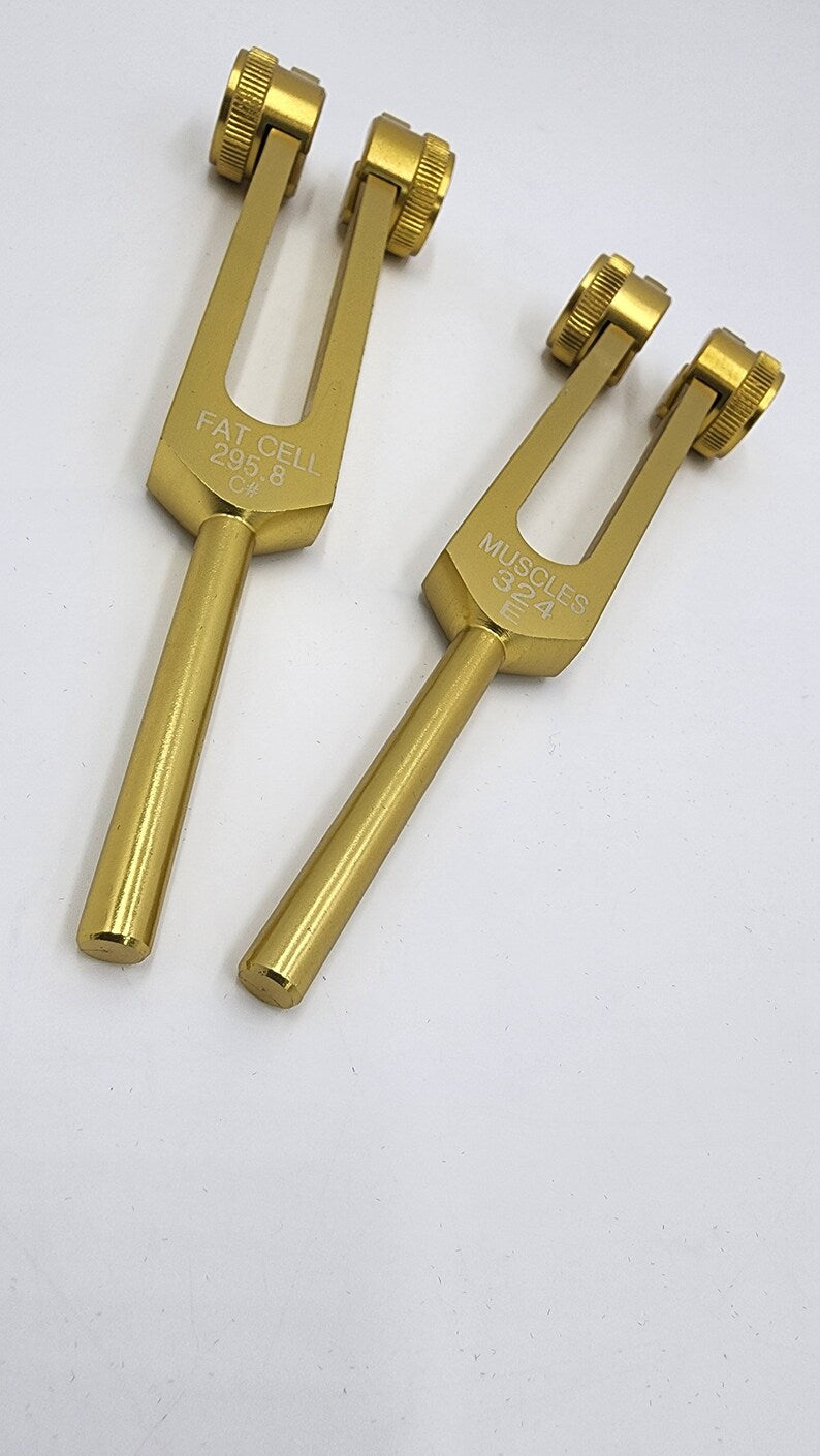 Gold Color Weighted Cellulite Tuning Fork Set - 295.80 Hz and 324 Hz - Sound Healing for Fat Cells and Muscle Growth with Bag and Striker - Thecosmicaccess