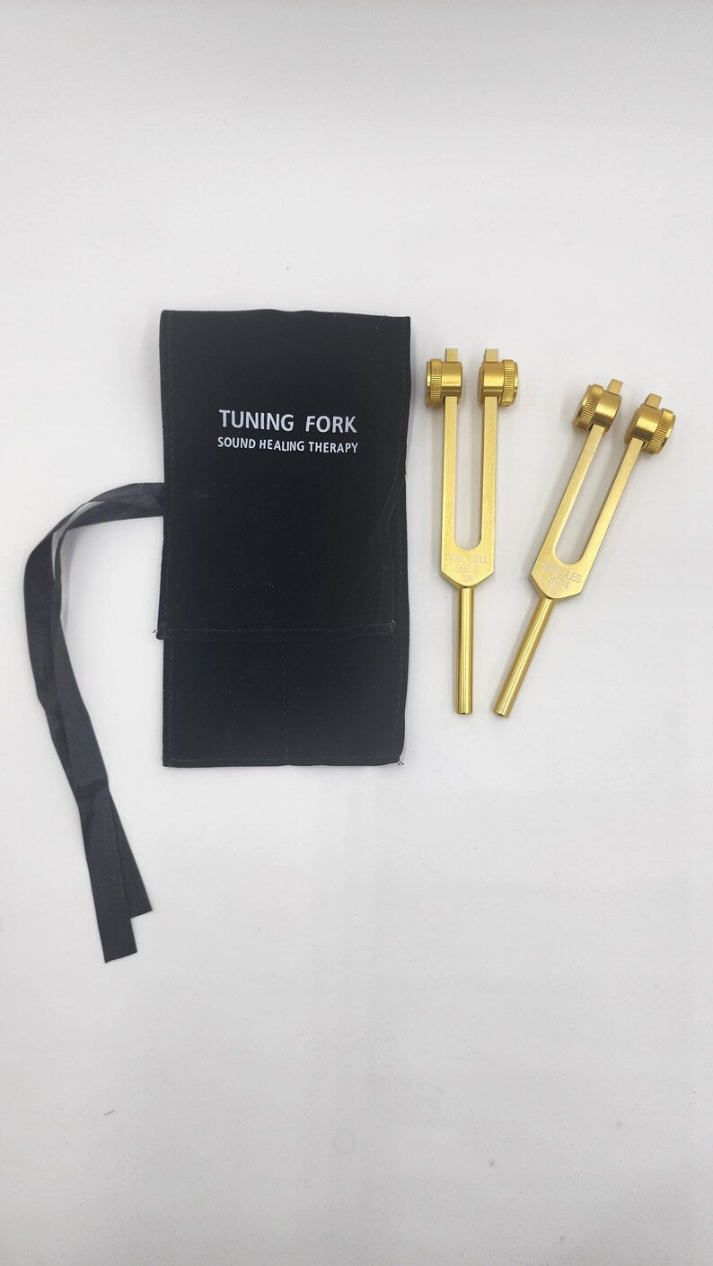 Gold Color Weighted Cellulite Tuning Fork Set - 295.80 Hz and 324 Hz - Sound Healing for Fat Cells and Muscle Growth with Bag and Striker - Thecosmicaccess