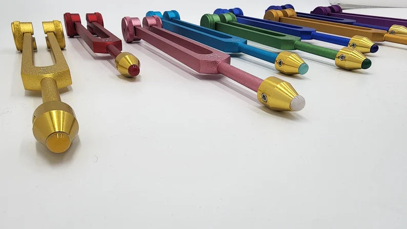 9 Secret Solfeggio Weighted Tuning Forks Set with Individually Marked Bags and Striker with Removable Gem Feet - Thecosmicaccess