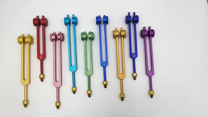 9 Secret Solfeggio Weighted Tuning Forks Set with Individually Marked Bags and Striker with Removable Gem Feet - Thecosmicaccess