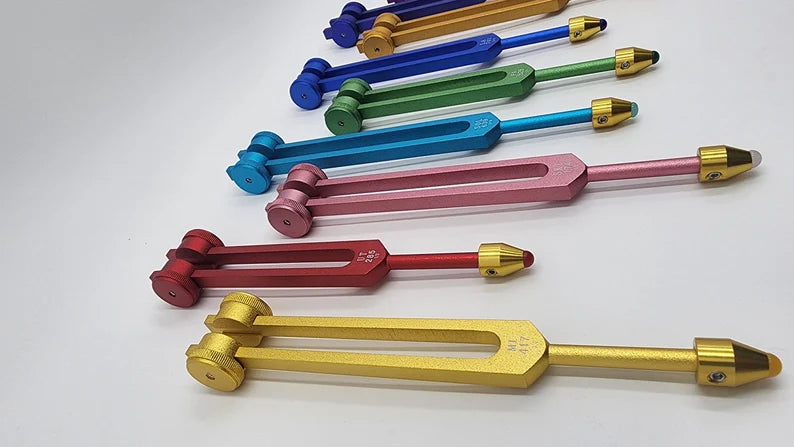 9 Secret Solfeggio Weighted Tuning Forks Set with Individually Marked Bags and Striker with Removable Gem Feet - Thecosmicaccess