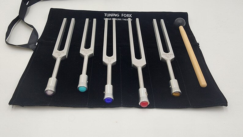 Unweighted Sharp Tuning Fork Set of 5 with Gem Feet - Sound Healing, Vibrational Therapy, Chakra Balancing - Thecosmicaccess