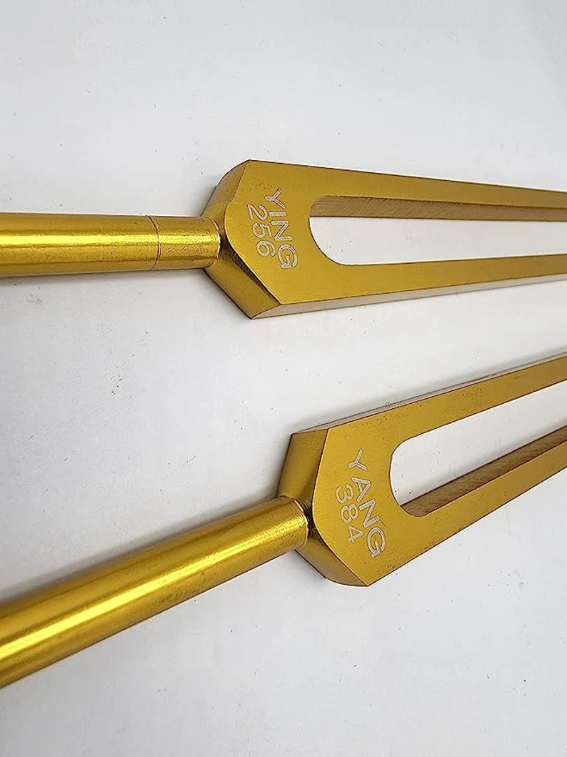 Yantra Unweighted Gold Color Ying Yang Tuning Fork Set for Healing C 256Hz and G 384Hz with Removable Gem Feet, Striker, and Storage Bag