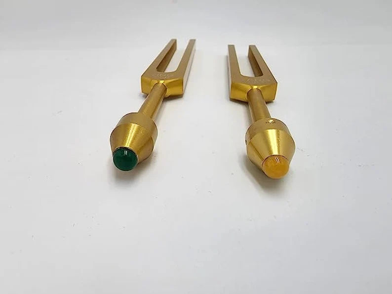 Yantra Unweighted Gold Color Ying Yang Tuning Fork Set for Healing C 256Hz and G 384Hz with Removable Gem Feet, Striker, and Storage Bag