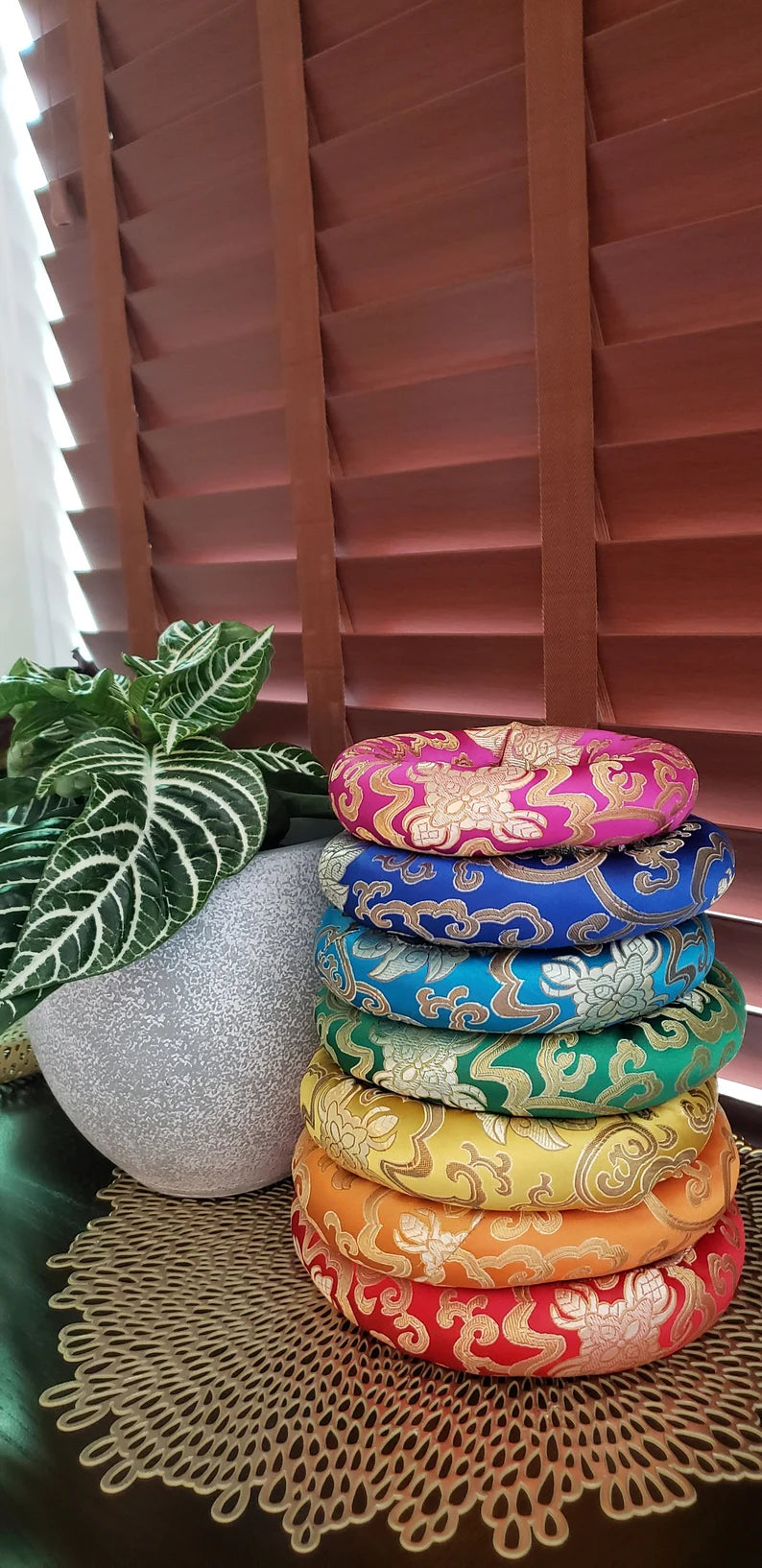 Chakra Coded Silk O-rings Brocade Cushion Set for Crystal/Tibetan Singing Bowls - 7 Colors - Thecosmicaccess