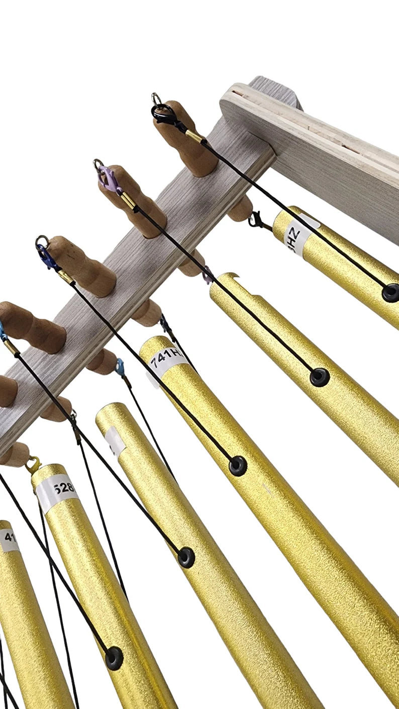 Gold Color Solfeggio Tuning Pipes Complete Set of 9 with Wooden Stand - Louder than Tuning Forks - Thecosmicaccess