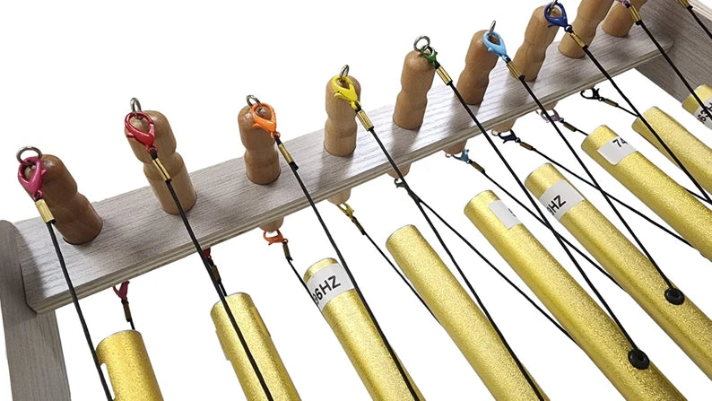 Gold Color Solfeggio Tuning Pipes Complete Set of 9 with Wooden Stand - Louder than Tuning Forks - Thecosmicaccess