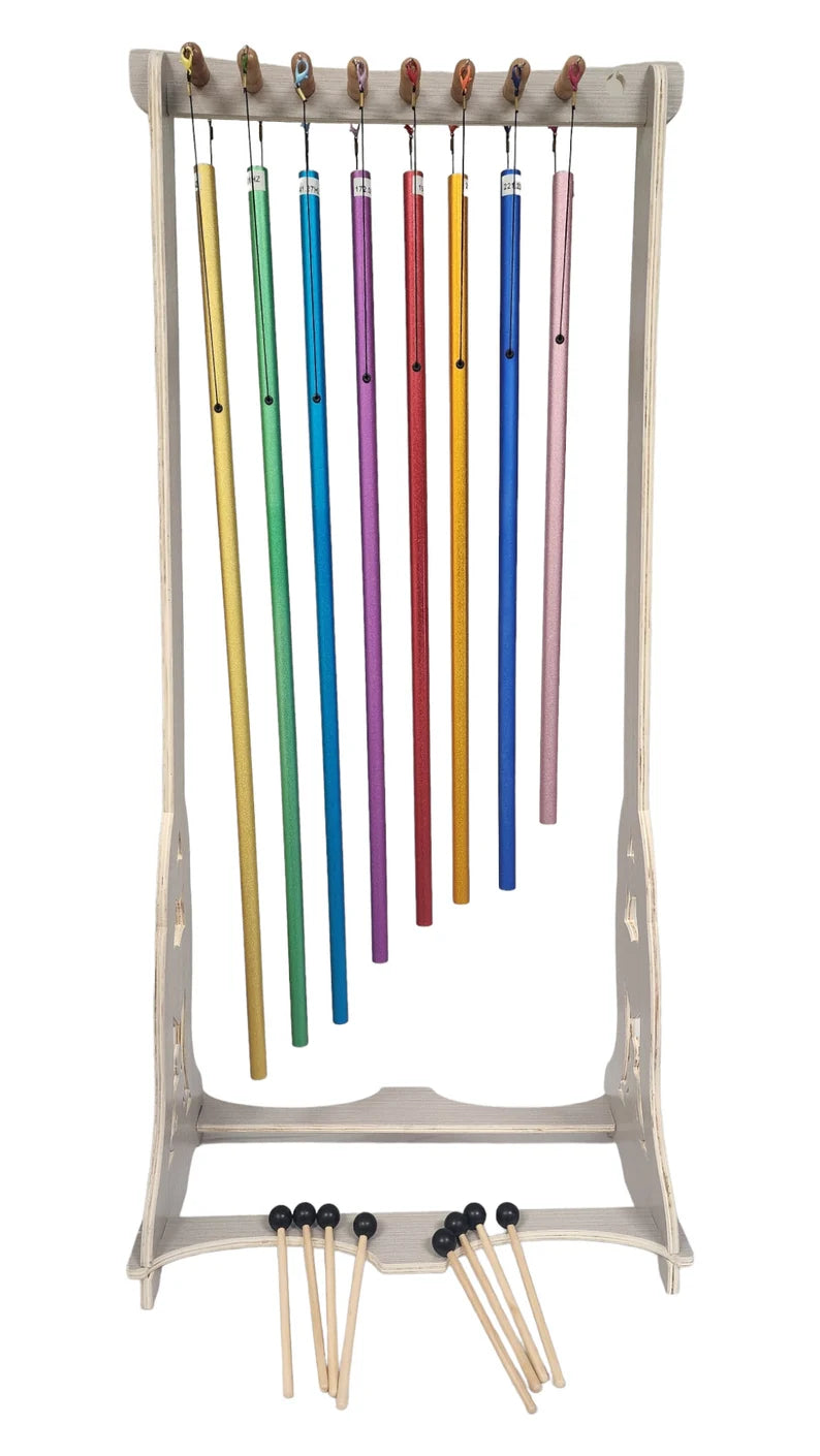Set of 8 Chakra Color Coded Hanging Tuning Pipes with Wooden Stand - Louder Than Tuning Forks - Thecosmicaccess