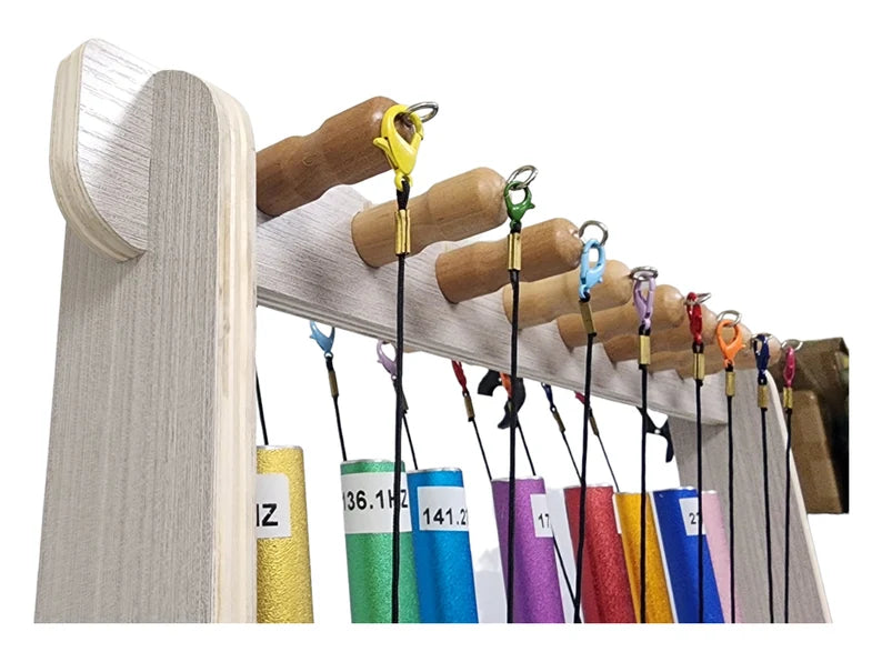 Set of 8 Chakra Color Coded Hanging Tuning Pipes with Wooden Stand - Louder Than Tuning Forks - Thecosmicaccess