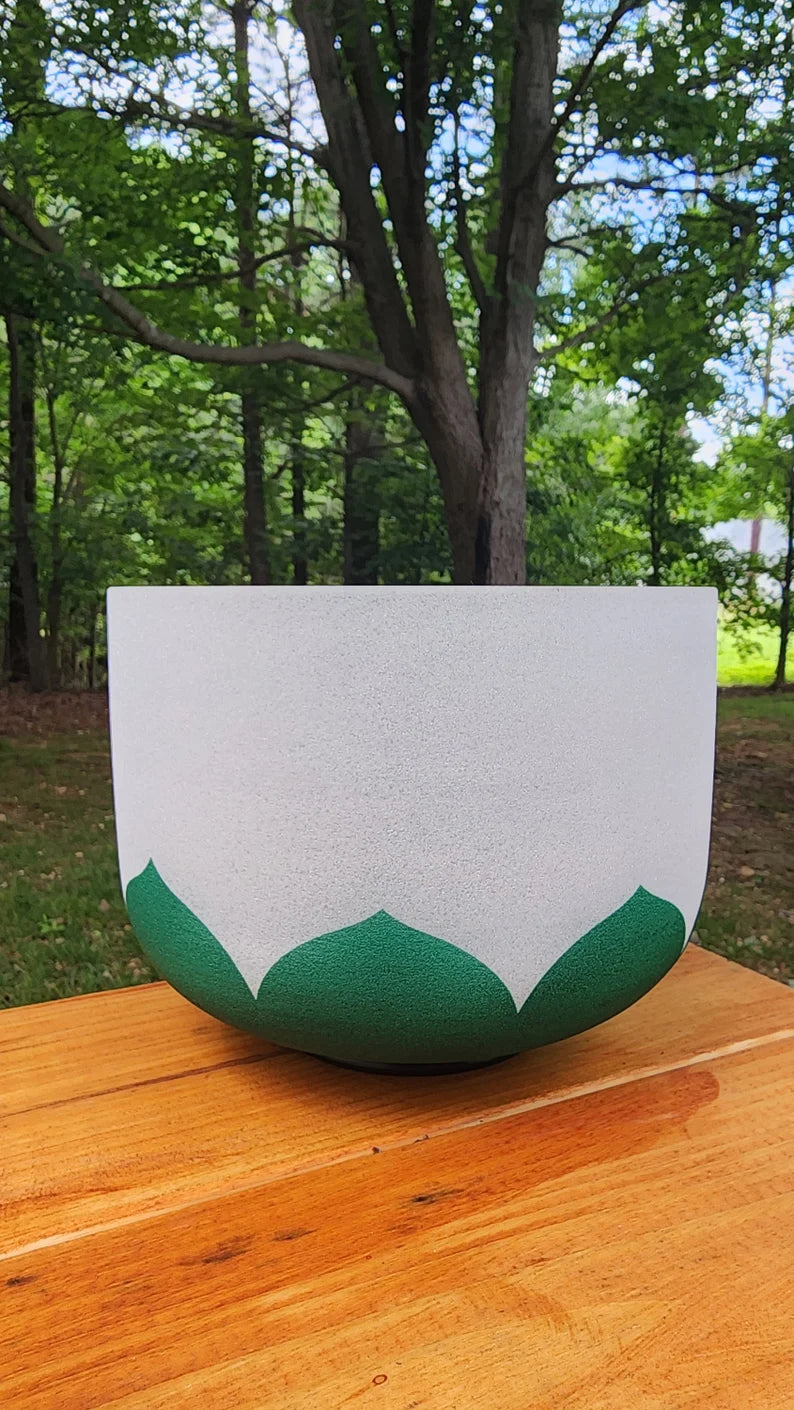 Perfect Pitch 8 inch F Note Heart Chakra Crystal Singing Bowl Green Lotus Design - Includes Padded Case, Mallet, and O-Ring