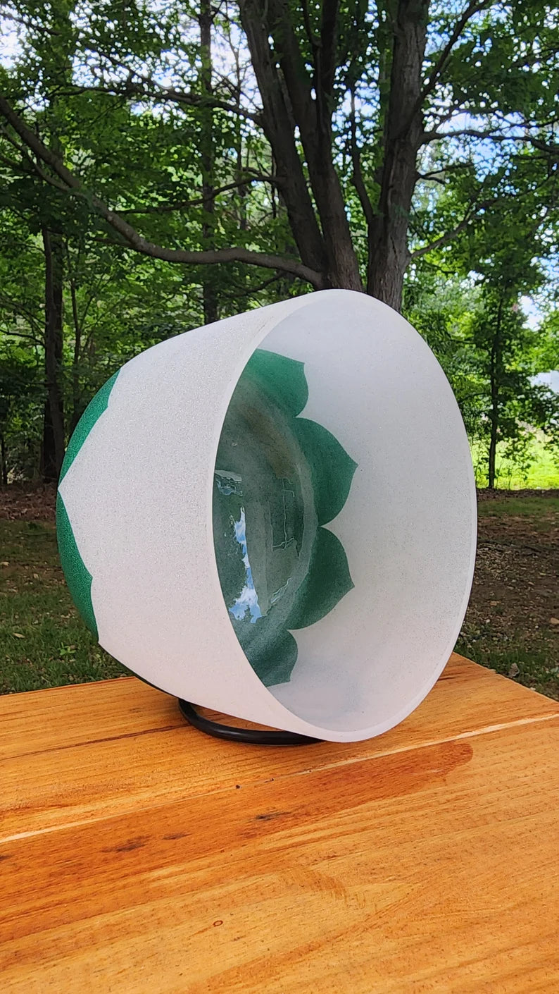 Perfect Pitch 8 inch F Note Heart Chakra Crystal Singing Bowl Green Lotus Design - Includes Padded Case, Mallet, and O-Ring