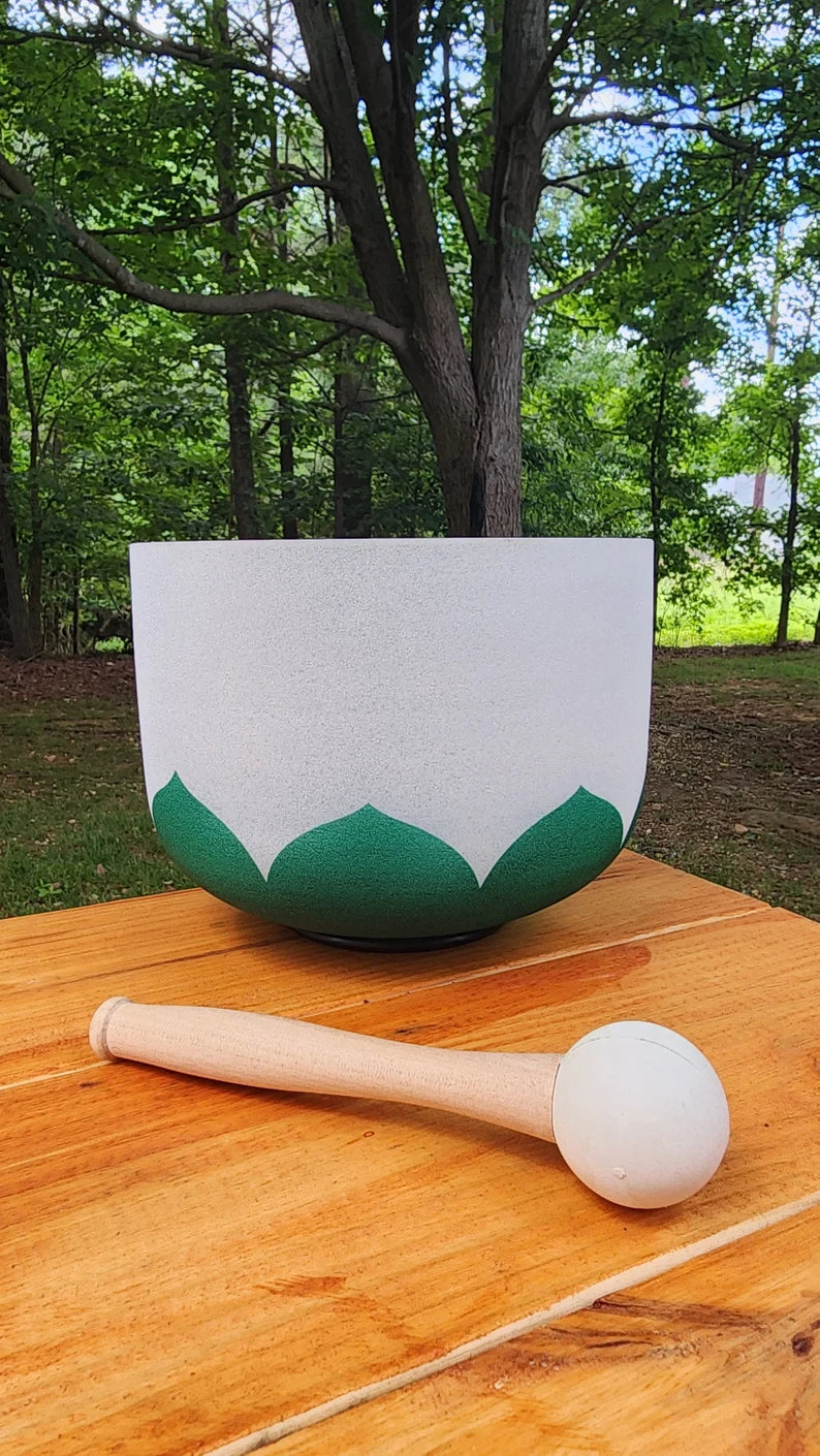Perfect Pitch 8 inch F Note Heart Chakra Crystal Singing Bowl Green Lotus Design - Includes Padded Case, Mallet, and O-Ring