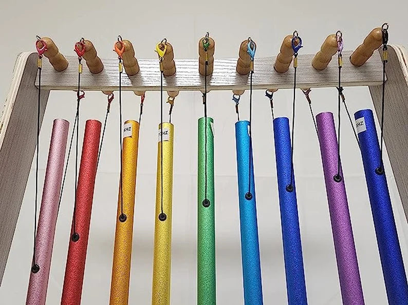 9 Color Sacred Solfeggio Healing Tuned Pipes Louder Than Tuning Fork with Large Wood Stand 9 Mallets and Individual Hand Held Wood Sticks