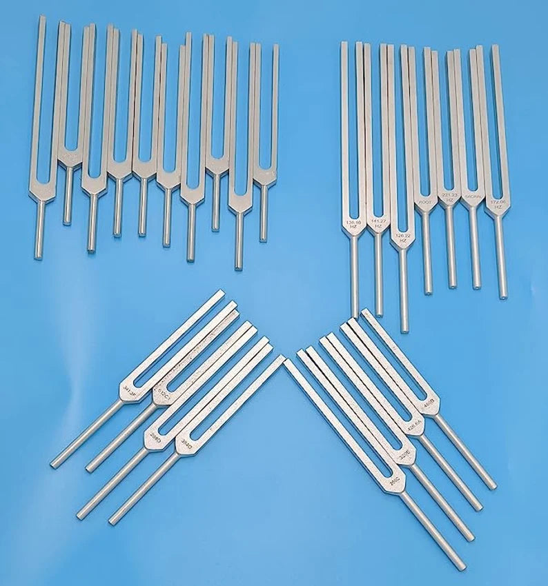 26-Piece Unweighted Tuning Fork Healing Kit: Therapeutic Chakra, Harmonic, and Planetary Frequencies, Mallets, and Pouches Included