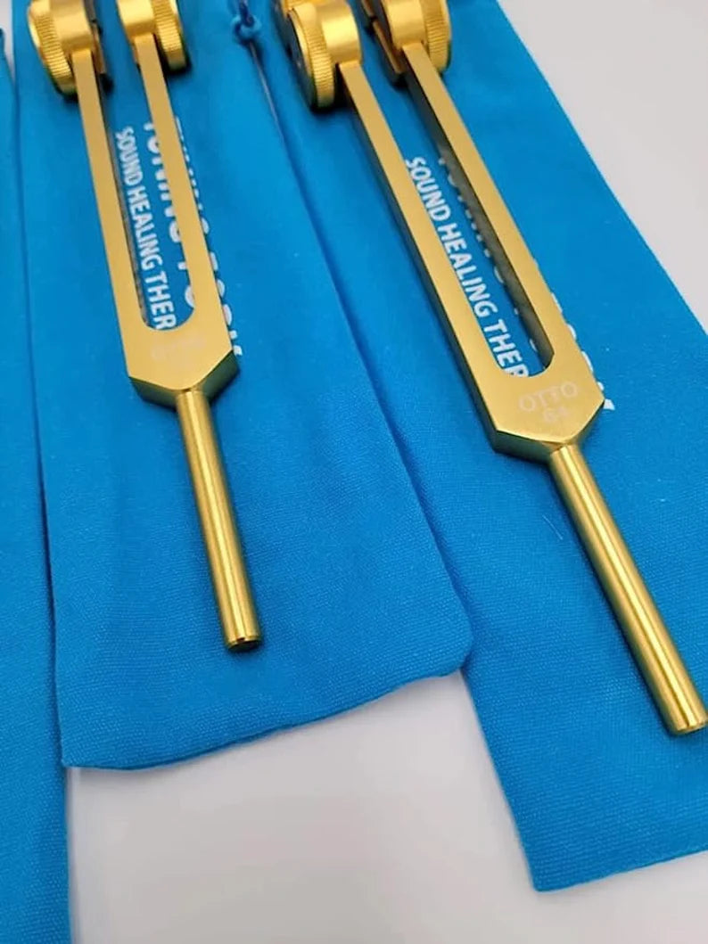 Professional Otto Tuners Weighted 4 Tuning Forks 32 Hz, 48 Hz, 64 Hz and 128 Hz with Striker and Pouch