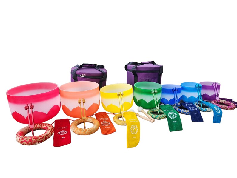 432Hz Perfect Pitch Chakra Lotus Rainbow Crystal Singing Bowl Set with 7 Set Chakra Tuning Forks - Thecosmicaccess