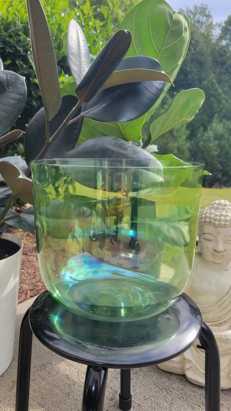 432Hz Perfect Pitch 8" F Note Green Cosmic Clear Crystal Singing Bowl with Secured Case, Silk-O-ring, Suede mallet - Thecosmicaccess