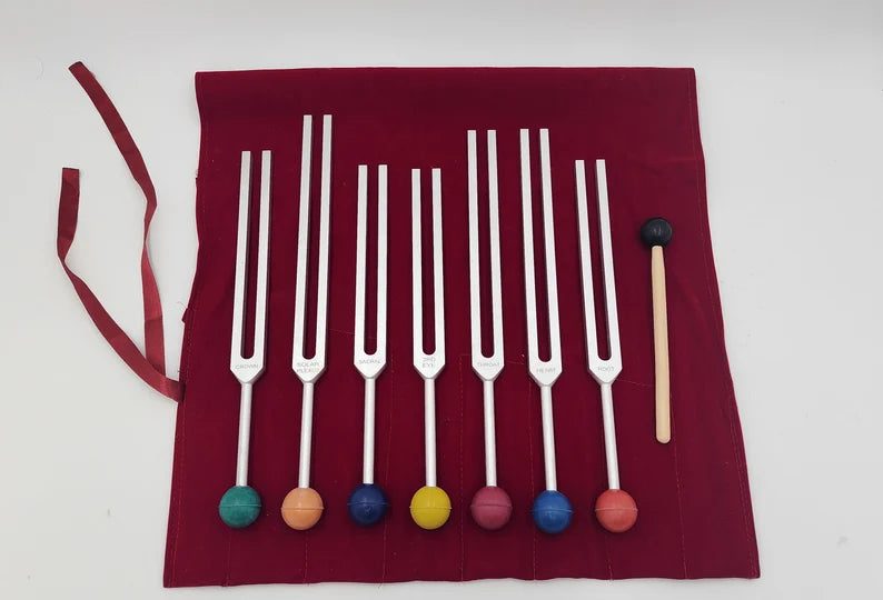 Chakra Tuning Fork Set Unweighted Silver with Color Removable Balls, Velvet Bag and Striker - Sound Healing Therapy Biofield Balancing - Thecosmicaccess