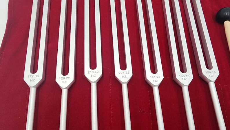 Chakra Tuning Fork Set Unweighted Silver with Color Removable Balls, Velvet Bag and Striker - Sound Healing Therapy Biofield Balancing - Thecosmicaccess