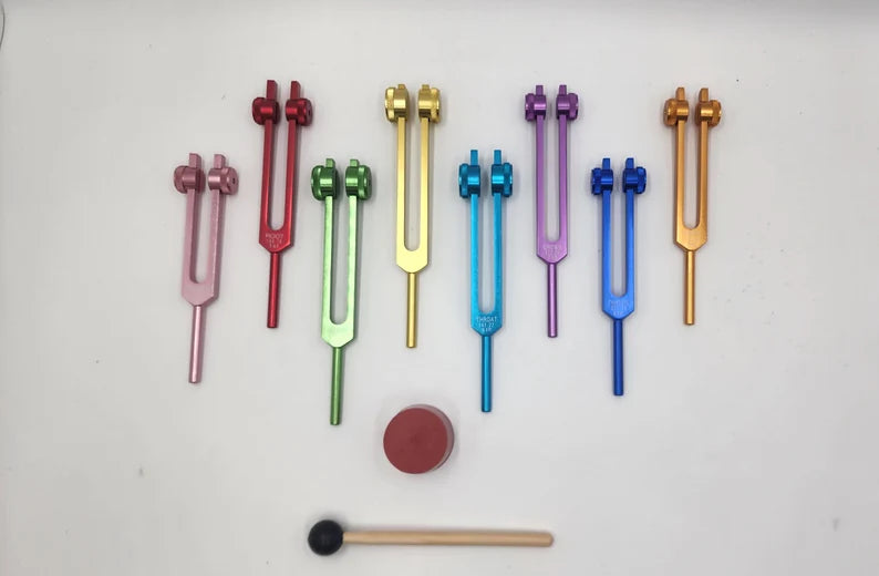 8 Chakra Tuning Fork Set Weighted Color Coded with Color Coded Bags and Striker Includes SOUL PURPOSE - Thecosmicaccess