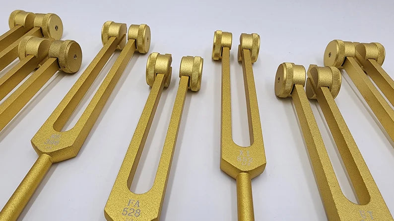 Professionally Tuned 9 Set Solfeggio Tuning Fork Set Weighted Gold Color For Vibration Biofield - Choose any Extensions