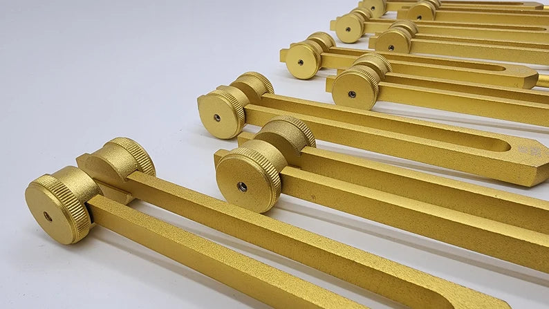Professionally Tuned 9 Set Solfeggio Tuning Fork Set Weighted Gold Color For Vibration Biofield - Choose any Extensions