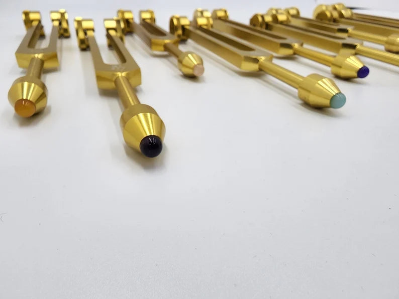 Professionally Tuned 9 Set Solfeggio Tuning Fork Set Weighted Gold Color For Vibration Biofield - Choose any Extensions