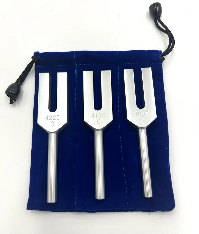 Silver Serenade: Celestial Harmony Angel Tuning Fork Set - Healing Sound Therapy with 4096, 4160, and 4225 Hz Tuners, Mallet, and Pouch - Thecosmicaccess