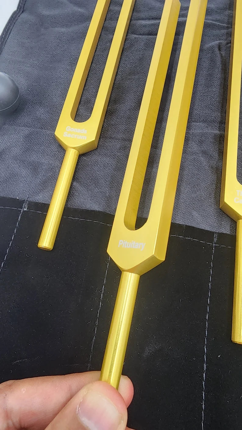 Unweighted Gold Color Endocrine Tuning Fork Set for Hormonal Harmony with Striker and Velvet Bag - Thecosmicaccess