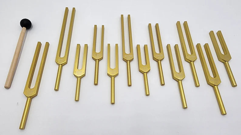 Kabbalah Unweighted Gold Color Tuning Fork Set with Striker and Velvet Bag - Divine Wisdom and Healing Tones