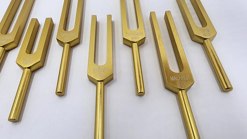 Kabbalah Unweighted Gold Color Tuning Fork Set with Striker and Velvet Bag - Divine Wisdom and Healing Tones