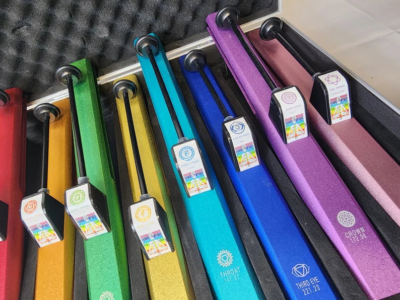 Harmonize Your Energy: The Complete Set of 8 Chakra Self Knock Pipes with Encased Die Cast Metal Container - Louder than Tuning Forks