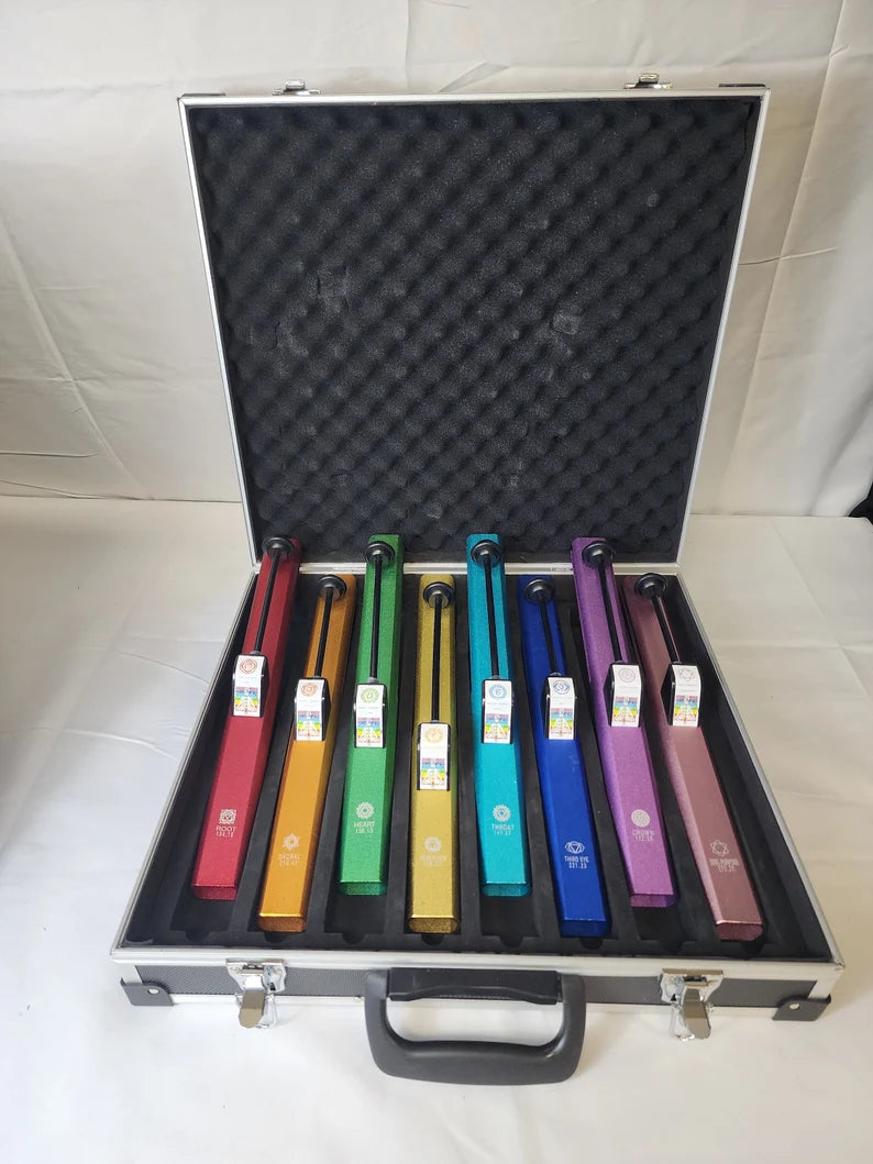 Harmonize Your Energy: The Complete Set of 8 Chakra Self Knock Pipes with Encased Die Cast Metal Container - Louder than Tuning Forks