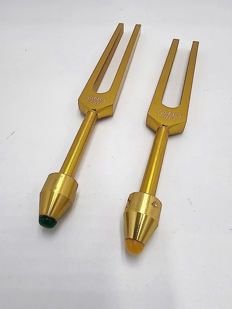 Yantra Unweighted Gold Color Ying Yang Tuning Fork Set for Healing C 256Hz and G 384Hz with Removable Gem Feet, Striker, and Storage Bag