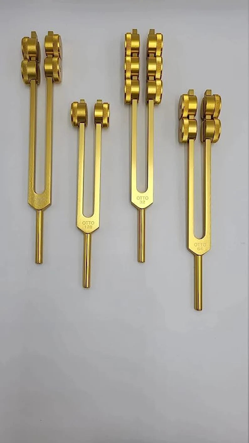 Professional Otto Tuners Weighted 4 Tuning Forks 32 Hz, 48 Hz, 64 Hz and 128 Hz with Striker and Pouch