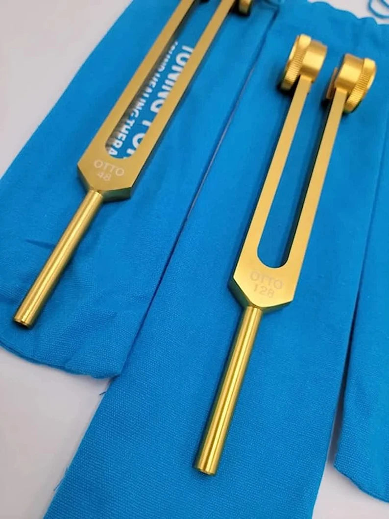 Professional Otto Tuners Weighted 4 Tuning Forks 32 Hz, 48 Hz, 64 Hz and 128 Hz with Striker and Pouch