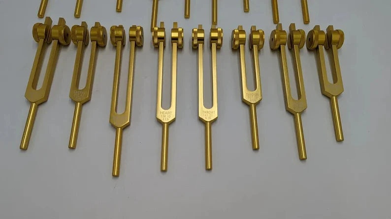 9 Solfeggio and 9 Chakra Gold Weighted Tuning Fork Set Tuned .25Hz SOUND HEALING