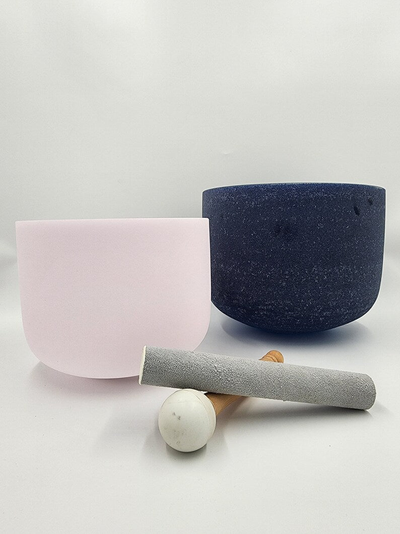 432Hz 8" F Note Morganite and 10" D Note Sapphire Gem Fused Crystal Singing Bowls with Padded Secure Case, Suede Striker, Mallet and O-ring - Thecosmicaccess