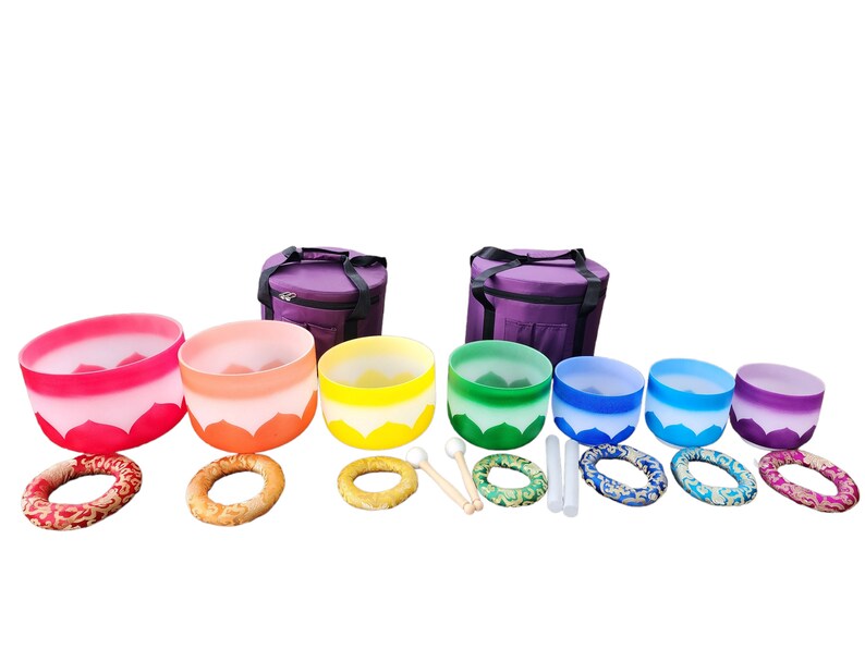 432Hz Perfect Pitch Chakra Lotus Rainbow Crystal Singing Bowl Set with 7 Set Chakra Tuning Forks - Thecosmicaccess