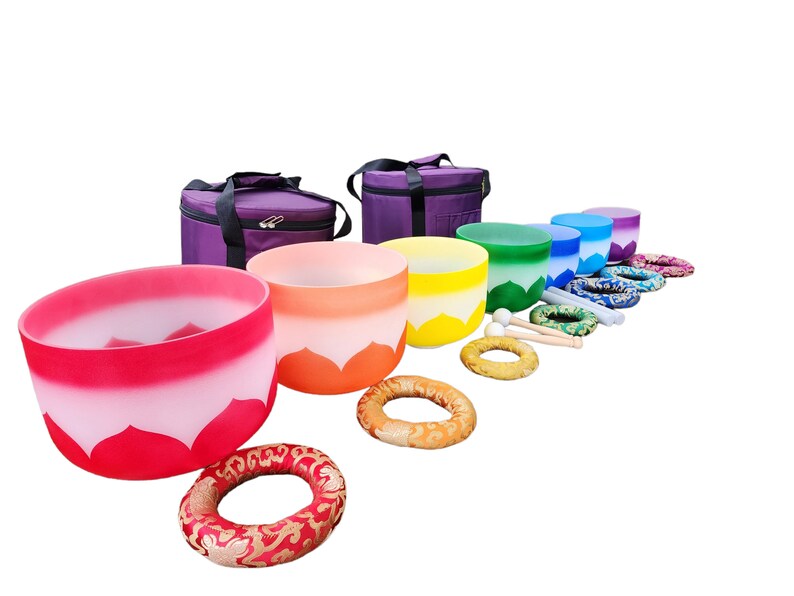 432Hz Perfect Pitch Chakra Lotus Rainbow Crystal Singing Bowl Set with 7 Set Chakra Tuning Forks - Thecosmicaccess