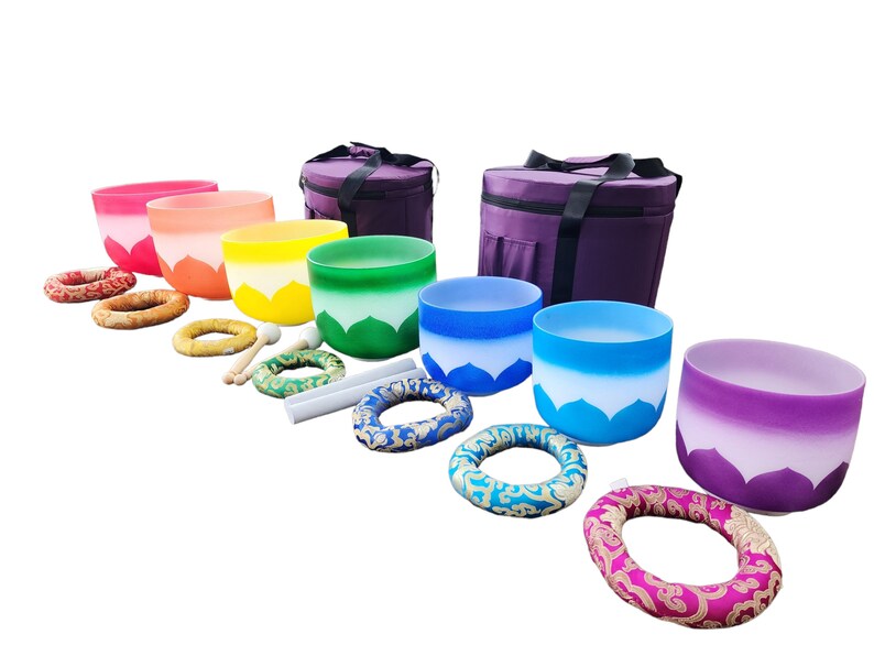 432Hz Perfect Pitch Chakra Lotus Rainbow Crystal Singing Bowl Set with 7 Set Chakra Tuning Forks - Thecosmicaccess