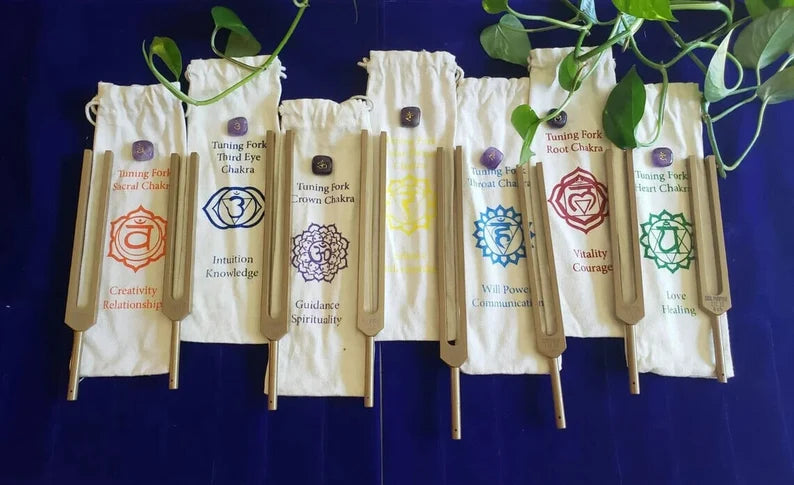 Chakra Gold Color Unweighted Tuning Fork Set with Individual Chakra Marked Bags and Mallet - Thecosmicaccess