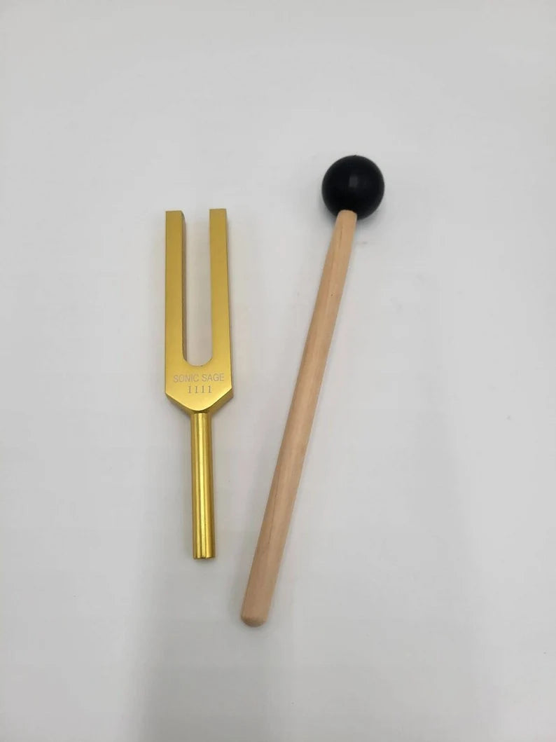 1111 Hz Sonic Sage Unweighted Gold Color Tuning Fork with Mallet and Bag