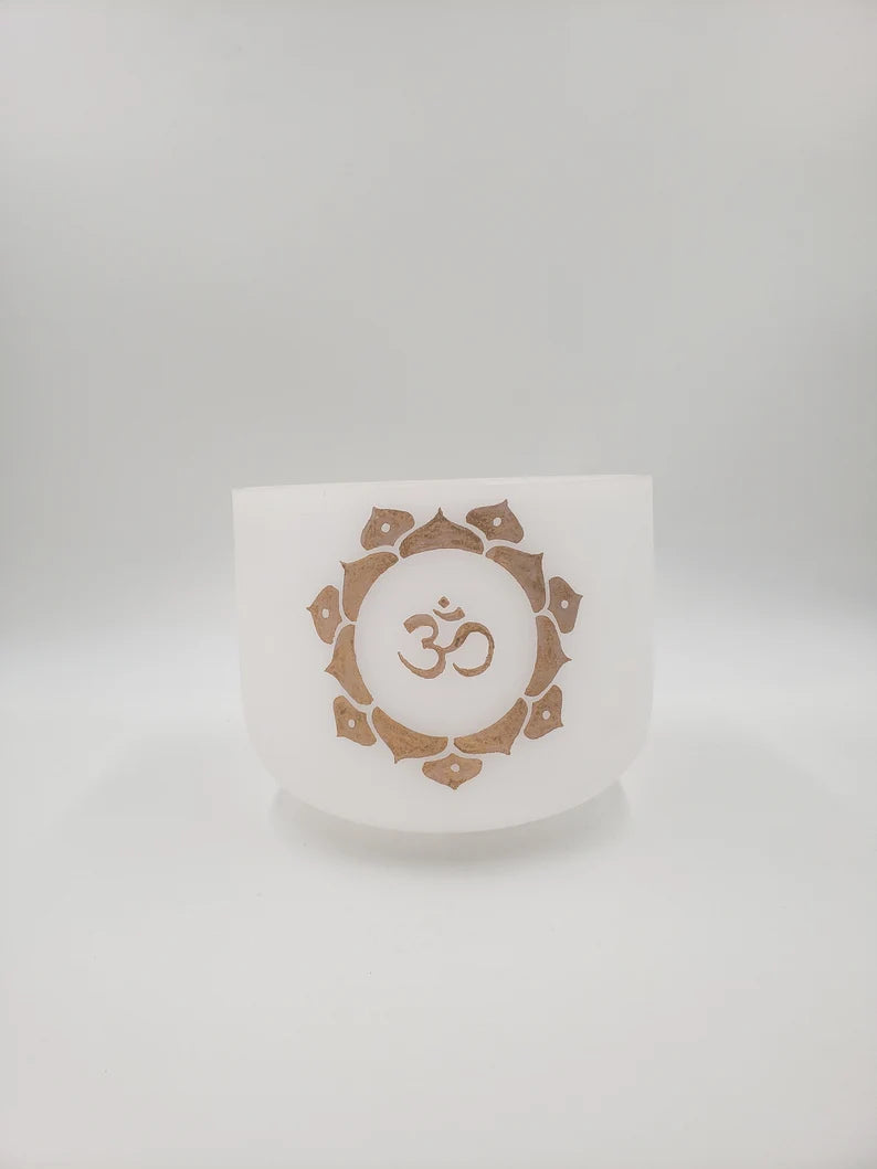 432Hz 8" Om White Crystal Singing Bowl - Sound Healing Meditation with Protective Case - Sacred Sound Therapy