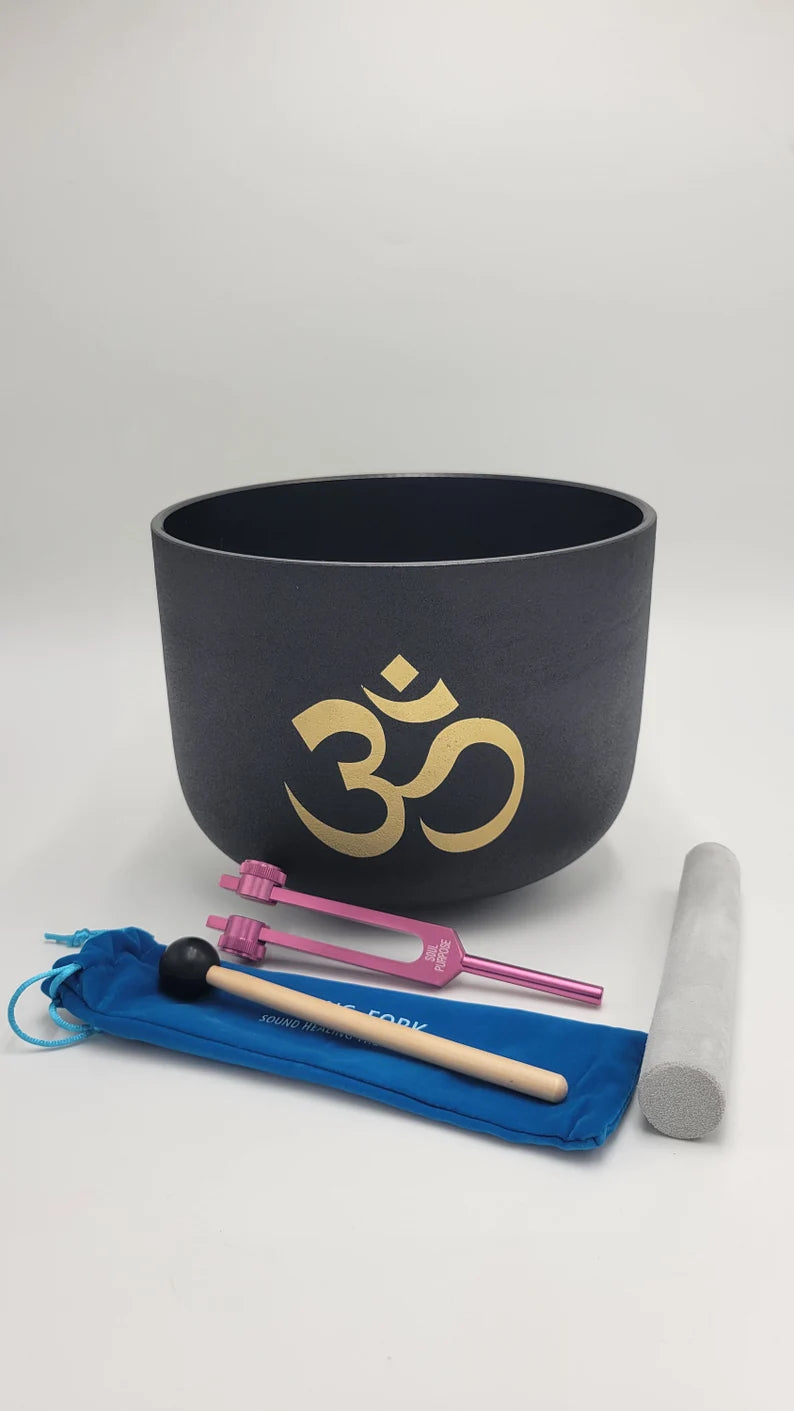 Sacred Resonance: 10" F Note Om Crystal Singing Bowl with Soul Purpose Tuning Fork and Protective Case - Sound Healing and Meditation Duo