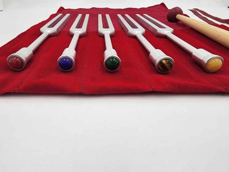 Binaural Brain Unweighted Tuning Fork Set of 5 with GEM FEET and Velvet Bag