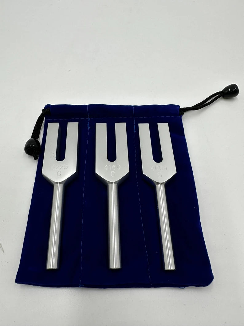 Silver Serenade: Celestial Harmony Angel Tuning Fork Set - Healing Sound Therapy with 4096, 4160, and 4225 Hz Tuners, Mallet, and Pouch - Thecosmicaccess