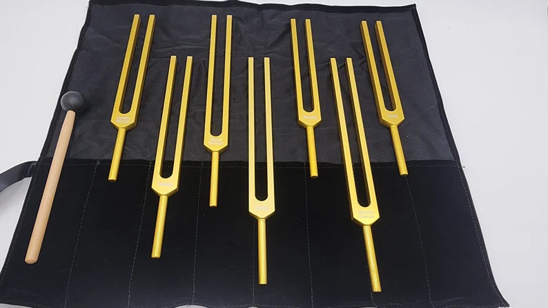 Unweighted Gold Color Endocrine Tuning Fork Set for Hormonal Harmony with Striker and Velvet Bag - Thecosmicaccess