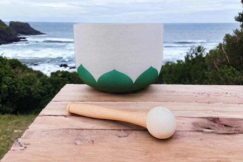 Perfect Pitch 8 inch F Note Heart Chakra Crystal Singing Bowl Green Lotus Design - Includes Padded Case, Mallet, and O-Ring