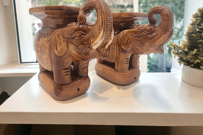 Vintage Pair Brown Glazed Elephant Garden Stands - Charming Decorative Accent - Thecosmicaccess
